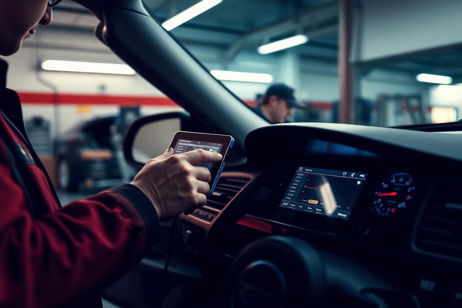 Technician running a computer diagnostic scan on a car in the Fyshwick workshop