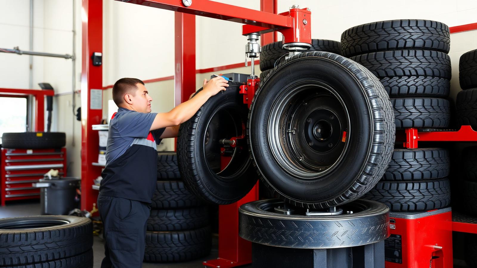 Technician mounting a new tyre on the tyre changer at the Fyshwick workshop